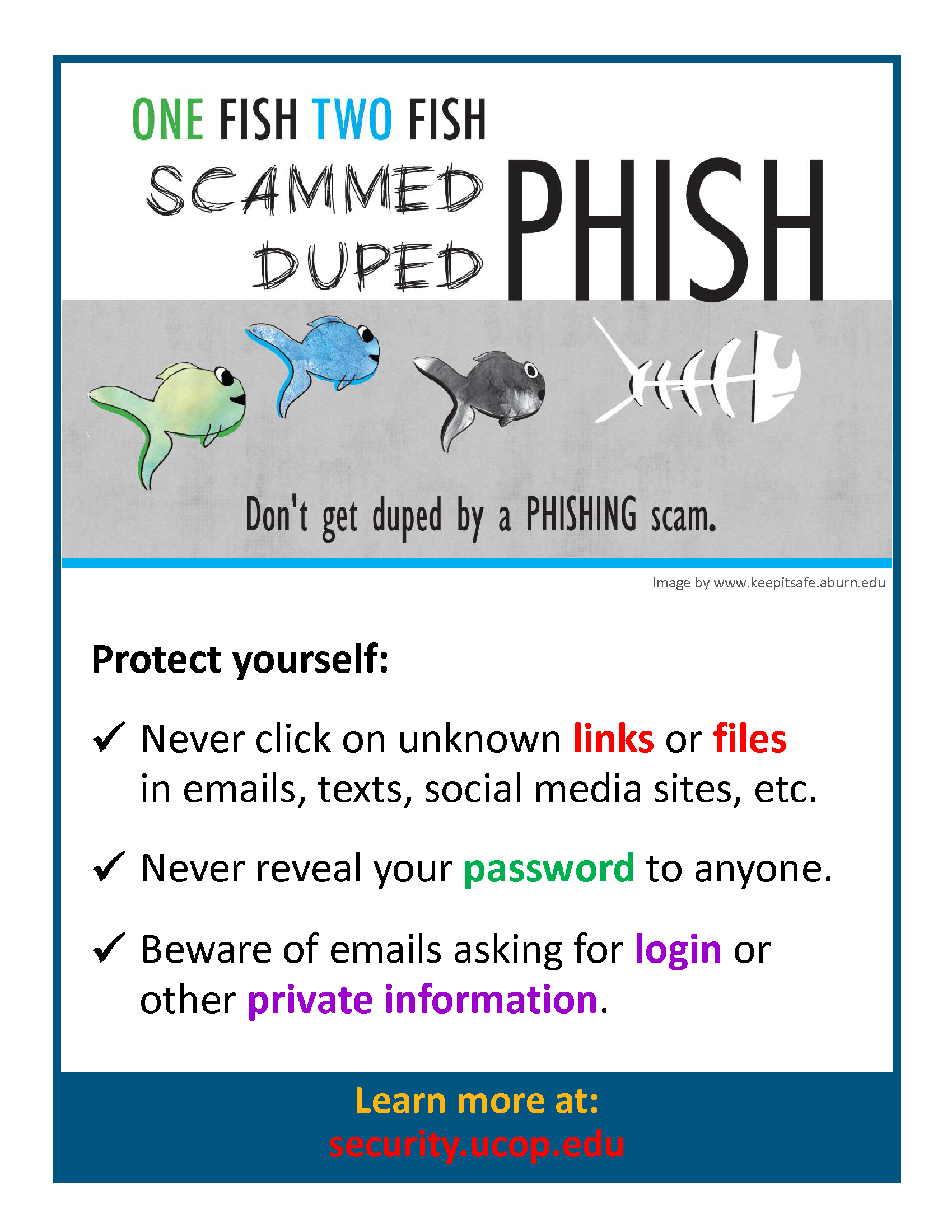 Flyer: One fish two fish, scammed fish duped fish. Don't get duped by a phishing scam.