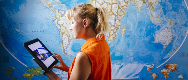 a woman with a tablet device