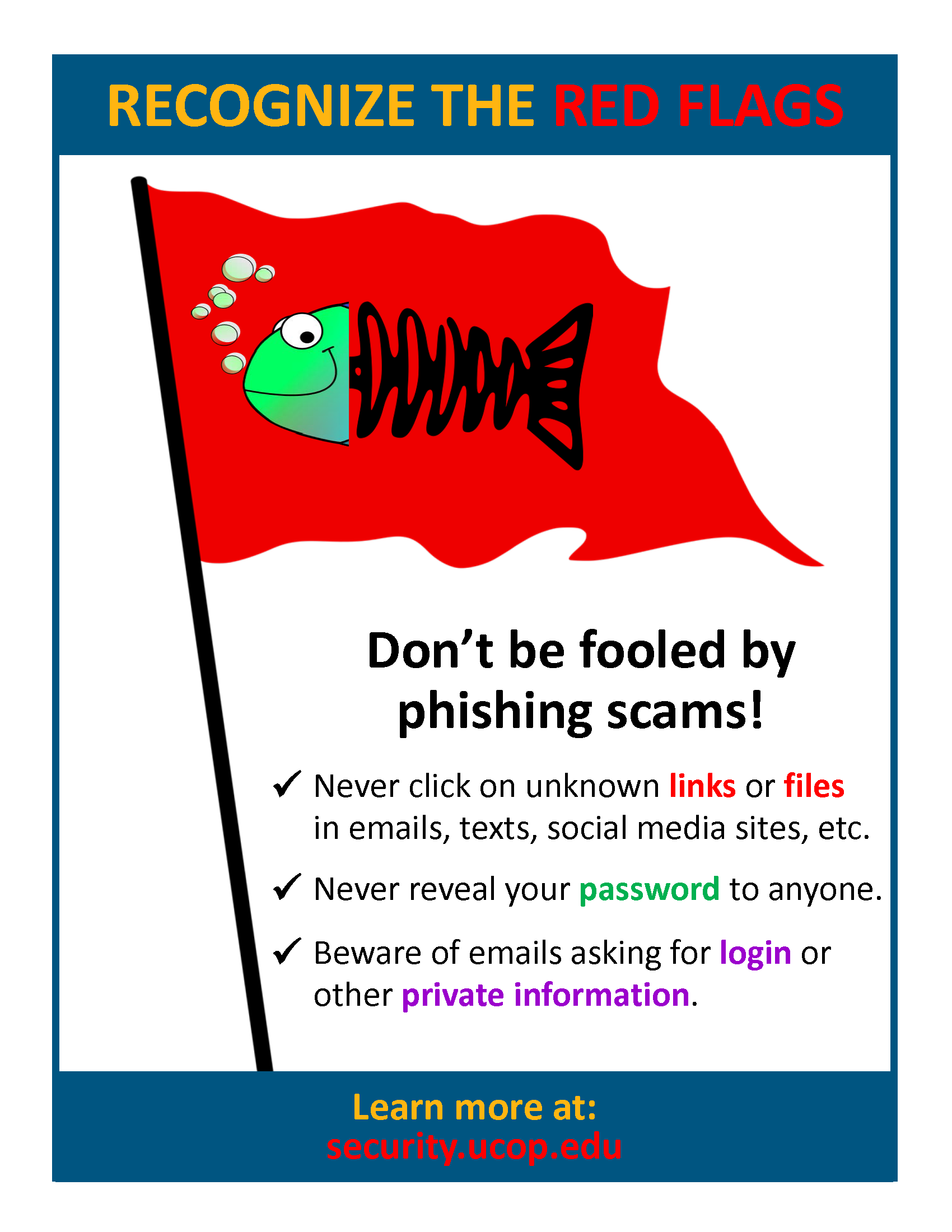 Poster: Know the red flags for phishing. Never click on unknown links or attachments. Never reveal your password. Beware of email asking for login or other private information.